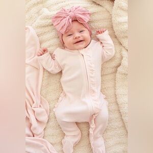 Caden Lane Pink Bamboo Waffle Ruffle Zipper Footie